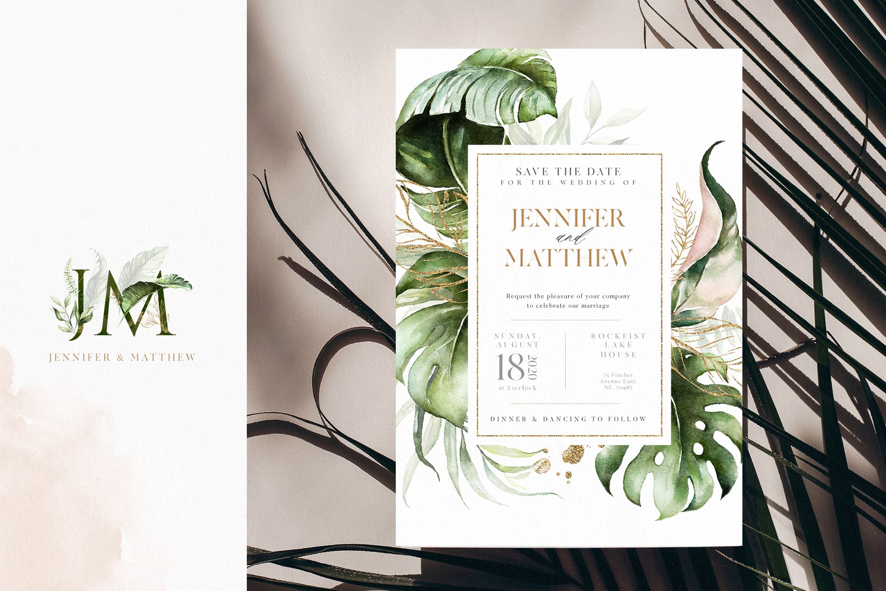 Wedding card with tropical leaves and greenery.