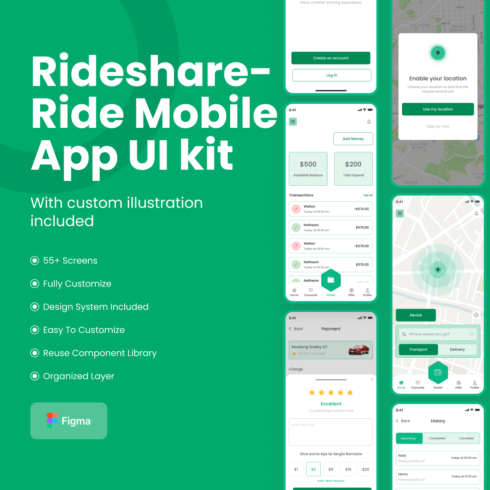 Rideshare Ride Mobile App UI kit cover image.