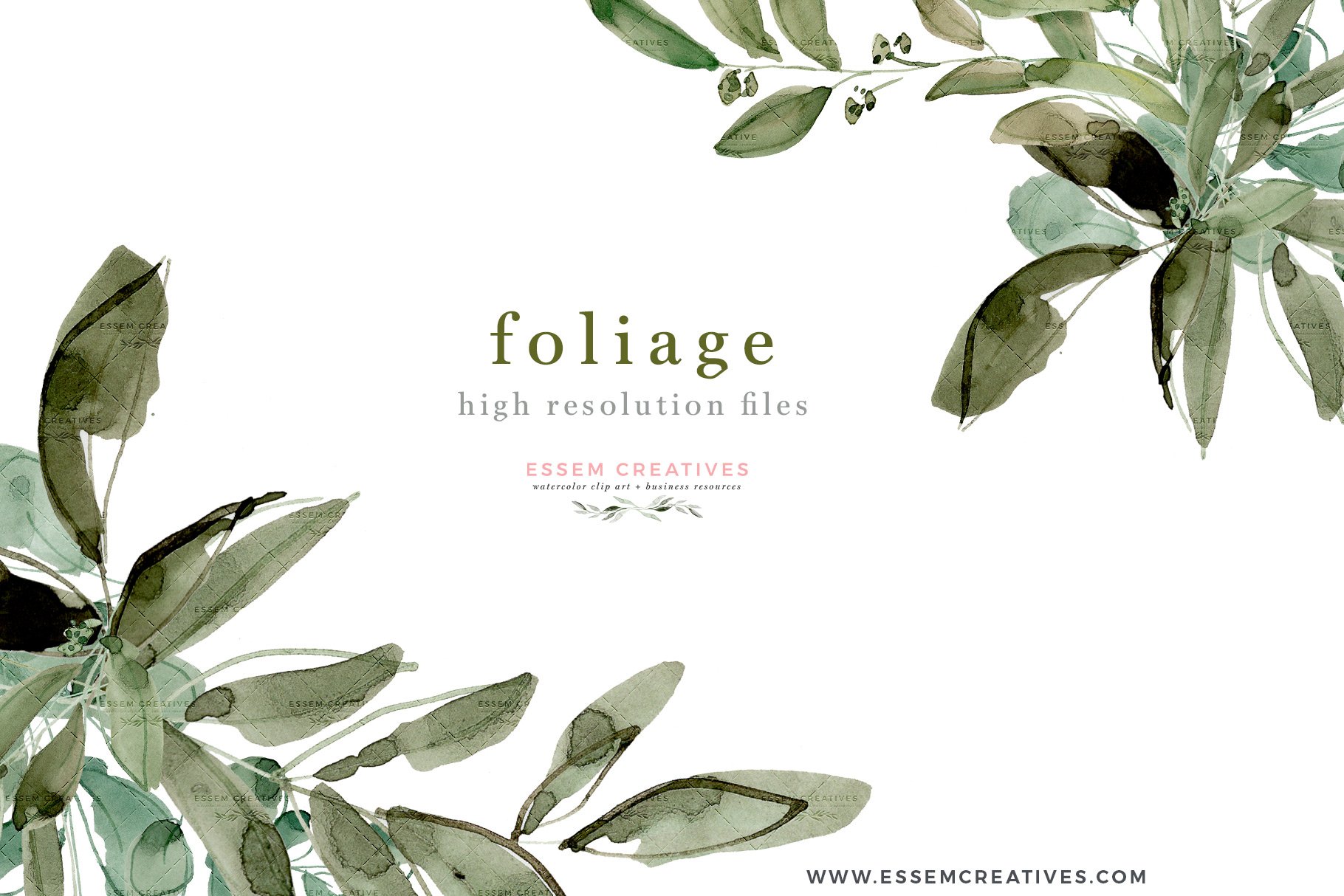 Watercolor painting of foliage with the words foliage high resolution files.