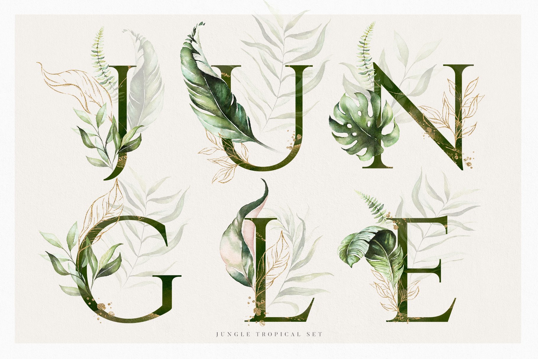 Set of green leaves and letters that spell out the word jungle.