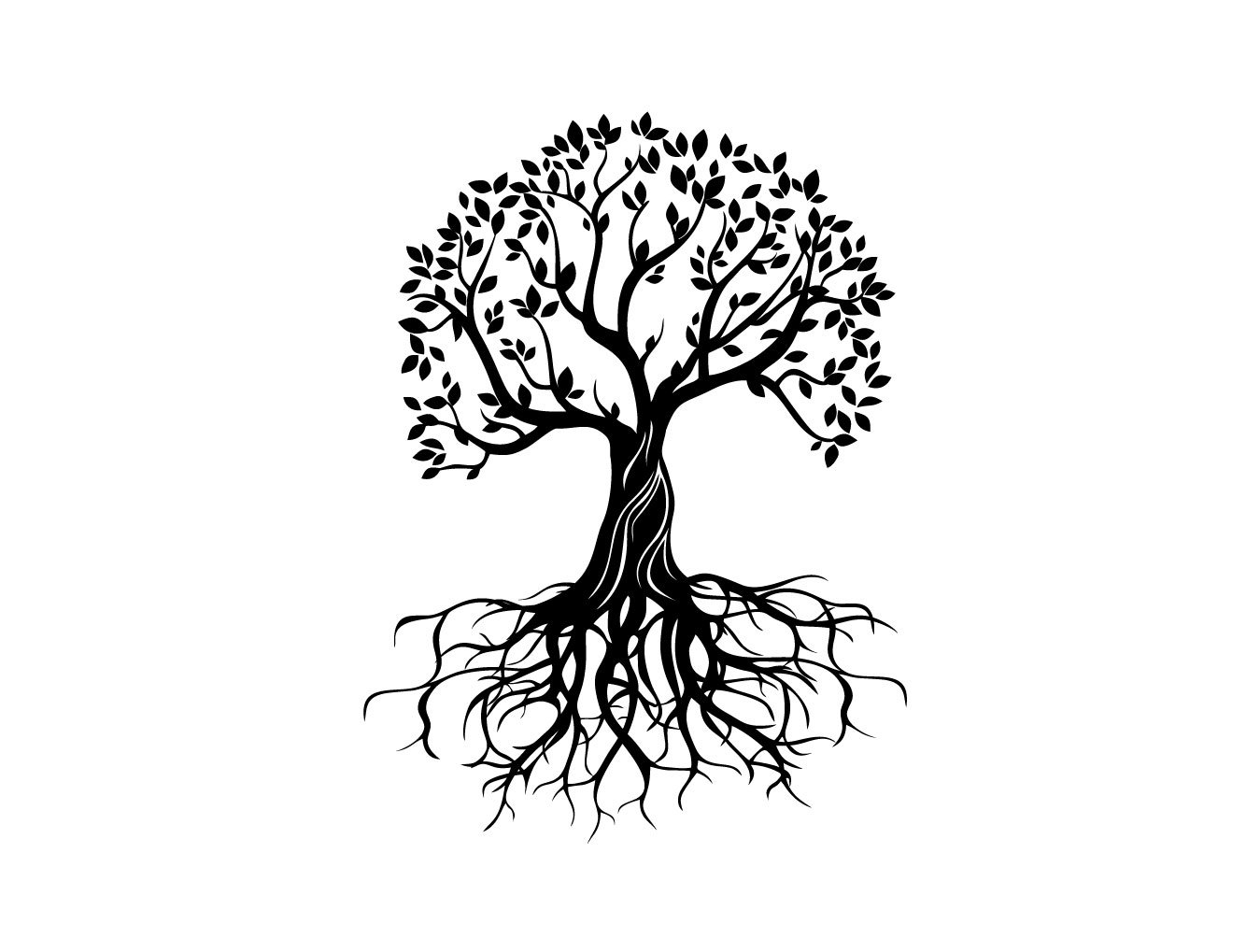 Black and white drawing of a tree with roots.