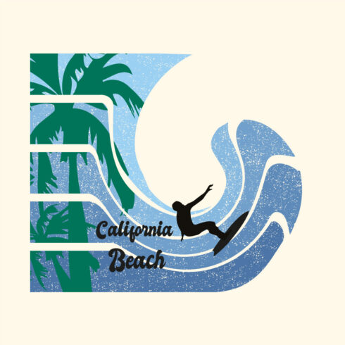California Beach wave palm tree vector surfing on wave summer vacation t shirt design cover image.