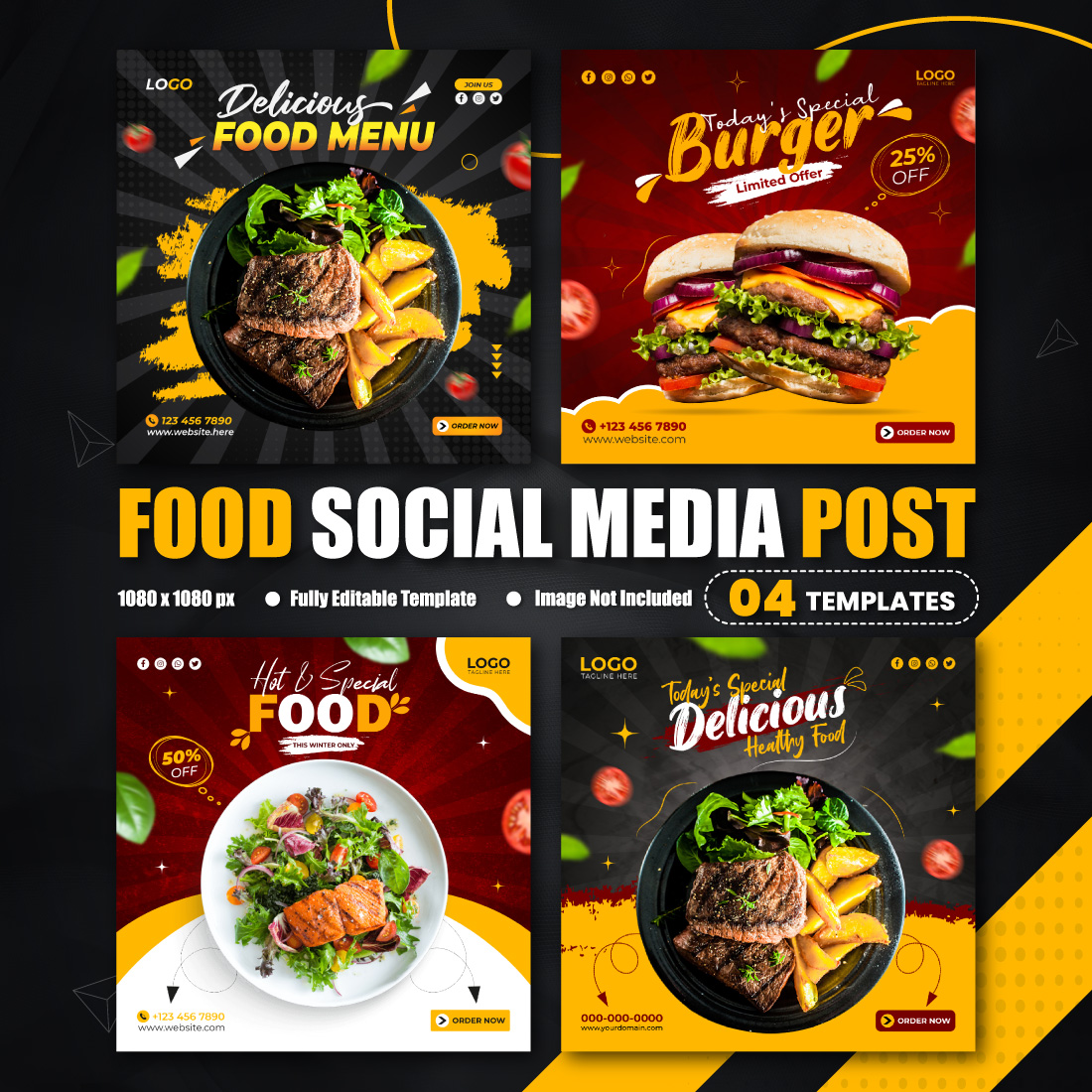 Food Social Media Promotional Post & Instagram Banner Design Template for Restaurant Business 4 Set cover image.