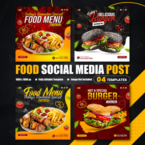 Modern Fast Food Social Media Promotional Post & Instagram Banner Design Template For Restaurant Business 4 Set cover image.