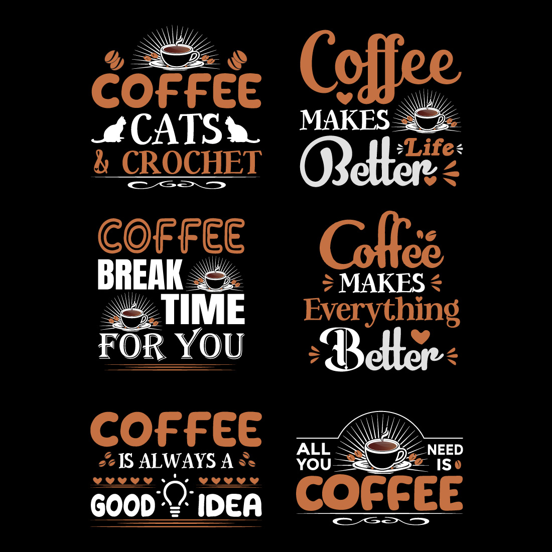 6 Coffee typography vector t-shirt designs cover image.