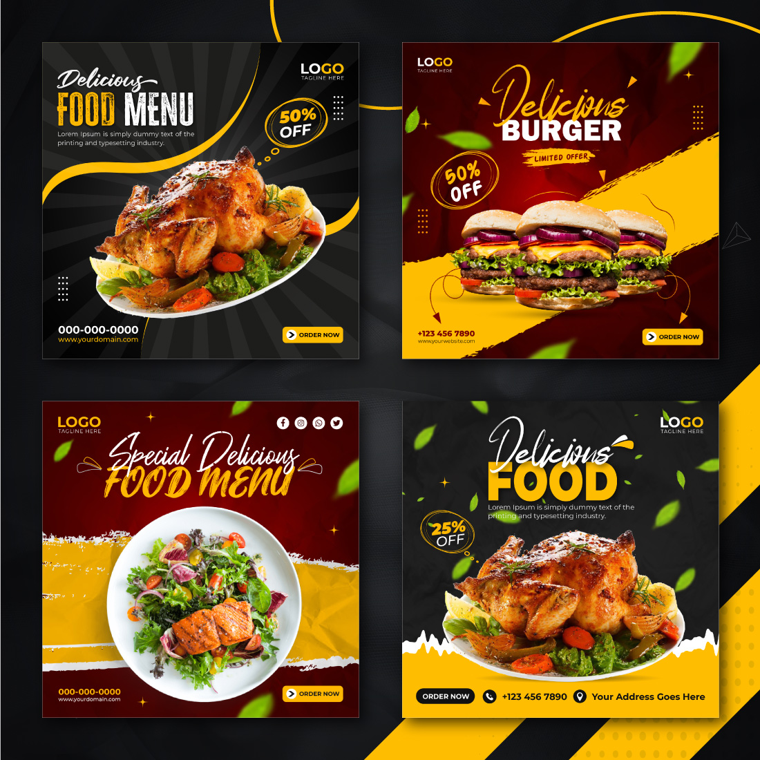8 Restaurant Food Social Media Promotional Post Design Template preview image.
