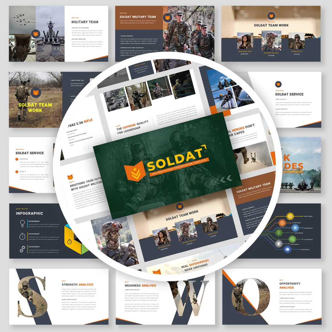 SOLDAT - Military and Army Presentation Google Slides Template cover image.