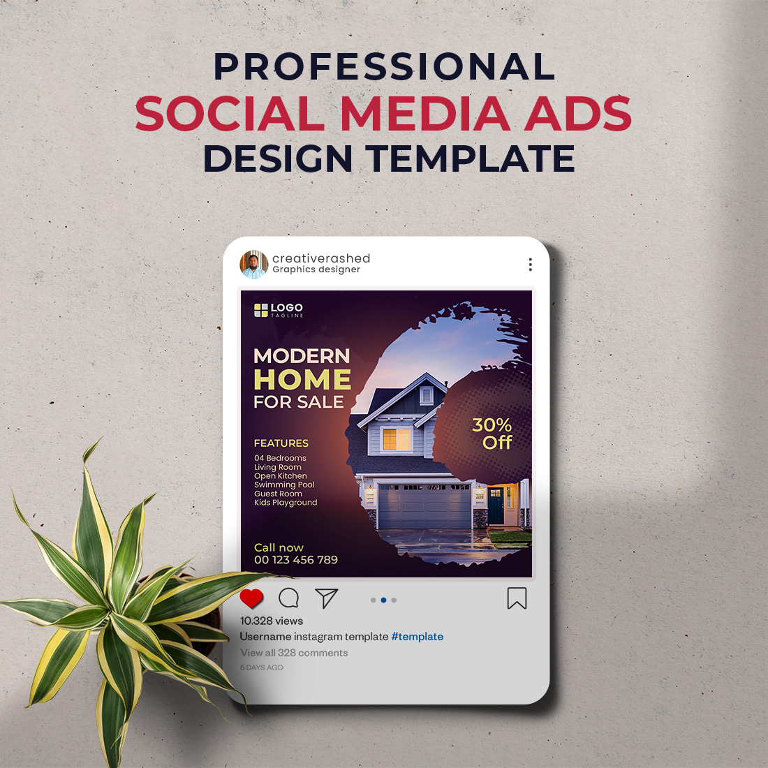 Professional & Creative Modern Home For Sale Social Media Ads Design Template preview image.