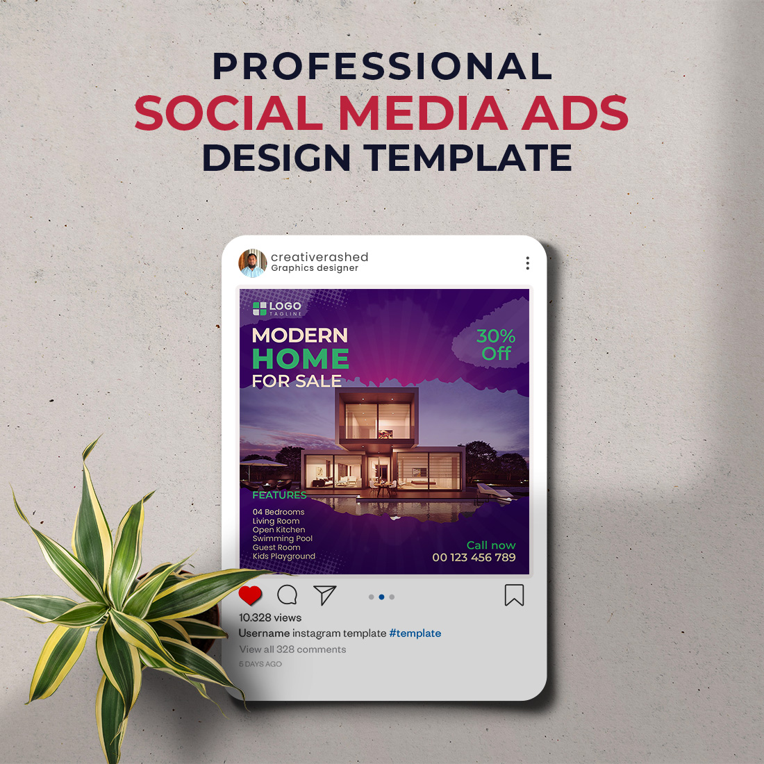 Professional & Creative Modern Home For Sale Social Media Ads Design Template preview image.