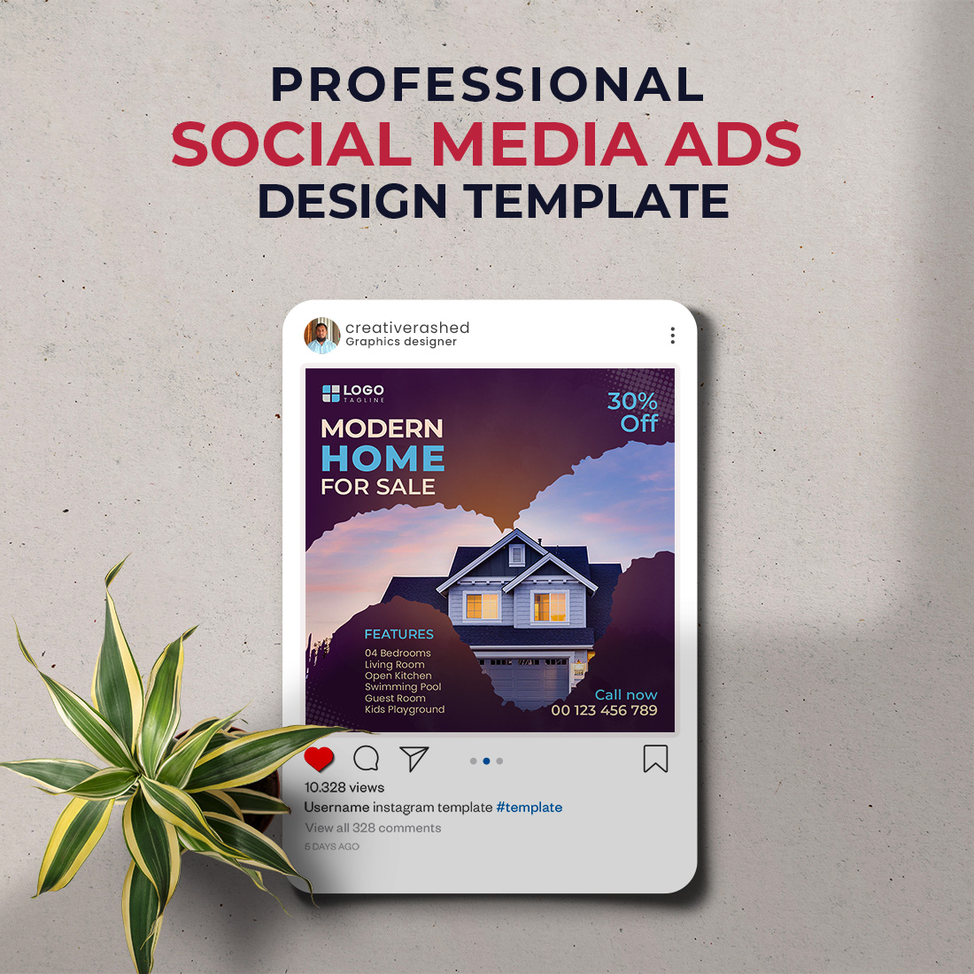 Professional & Creative Modern Home For Sale Social Media Ads Design Template preview image.