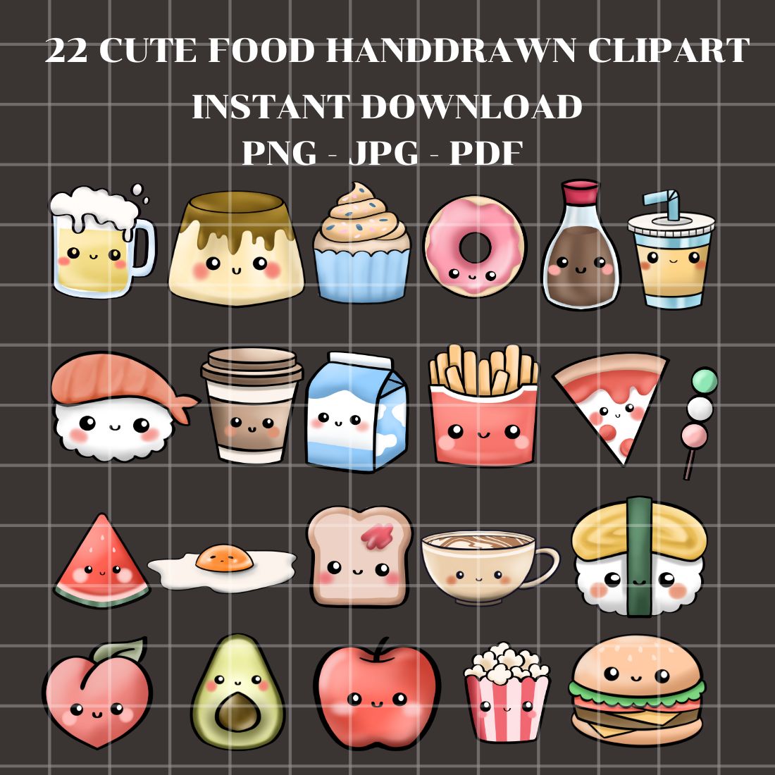 22 Cute Food Handdrawn Clipart - PNG - JPG - PDF - Instant download preview image.