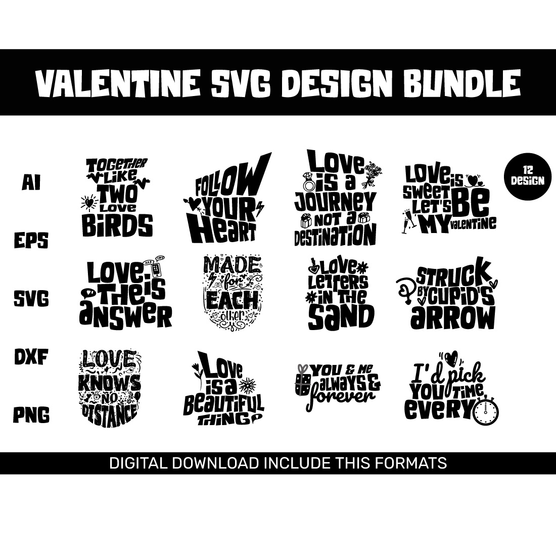 12 Valentine Day Quote Sayings SVG Bundle Vol1 cover image.