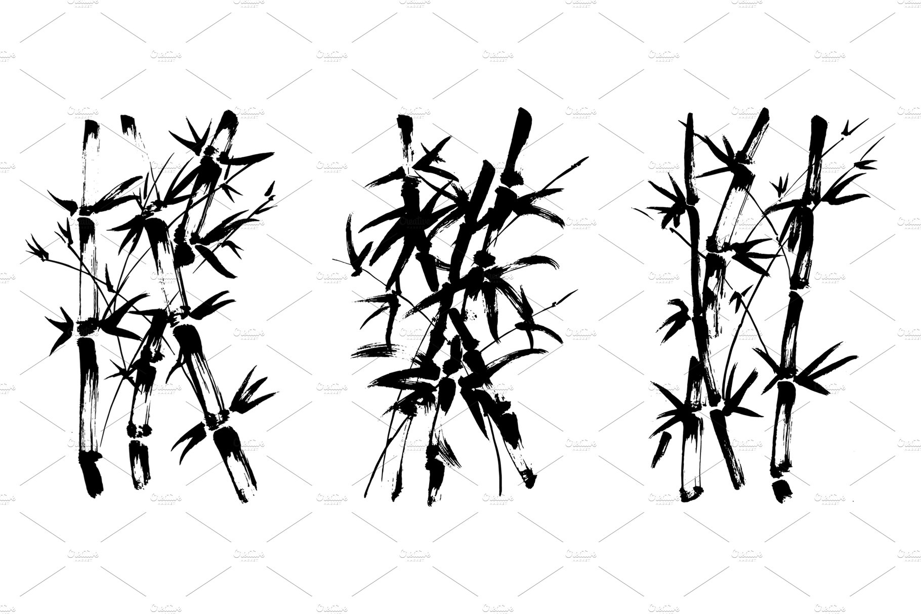 Three black and white silhouettes of bamboo plants.