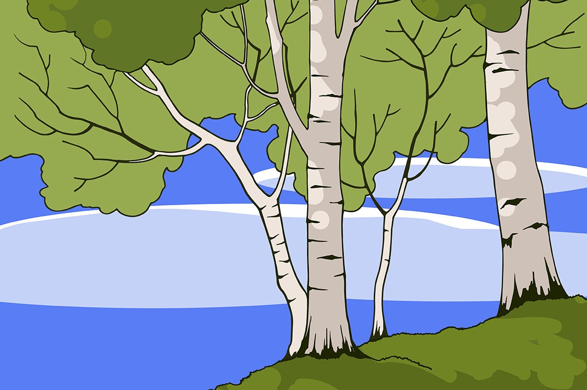 Drawing of a forest with a lake in the background.