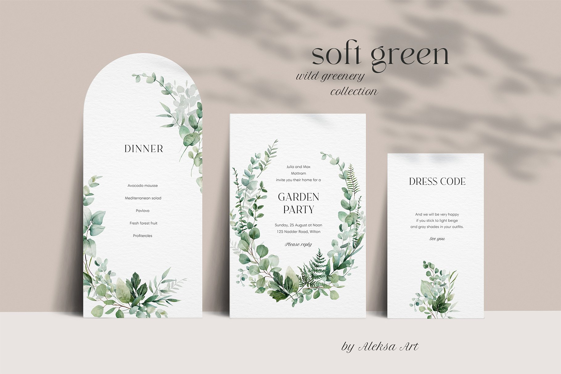 Set of three green wedding stationery cards.