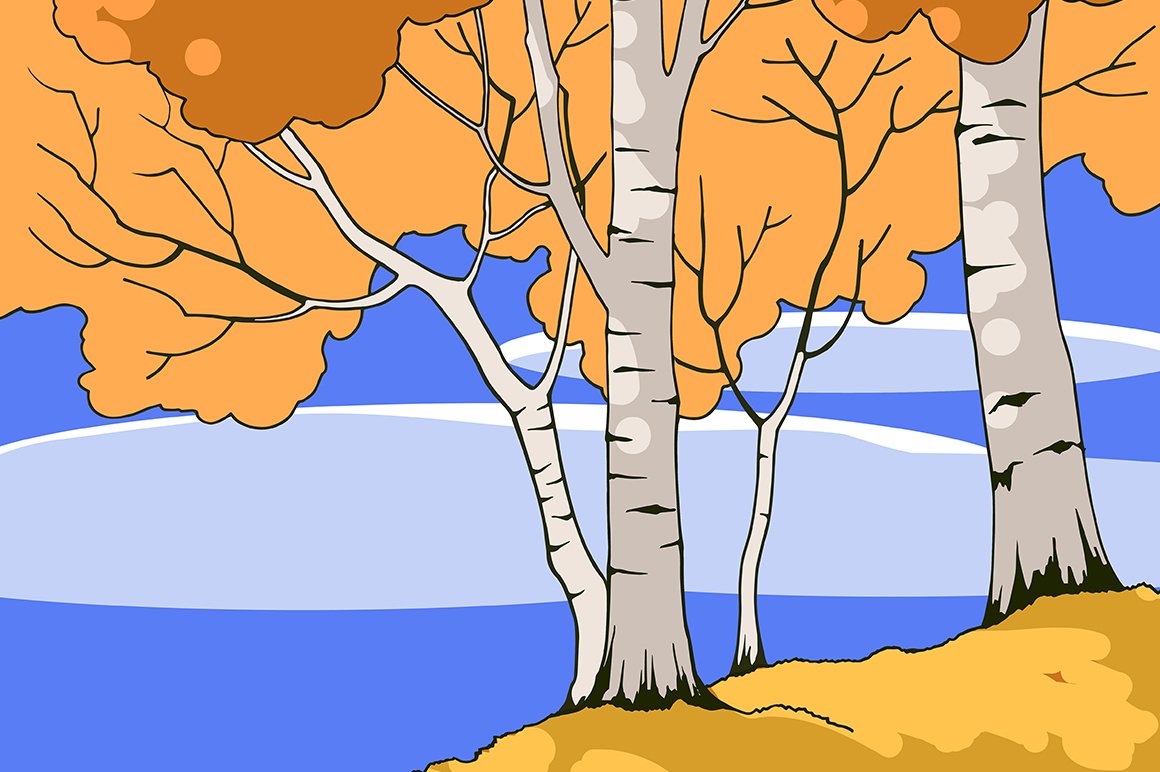Painting of trees with orange leaves on them.