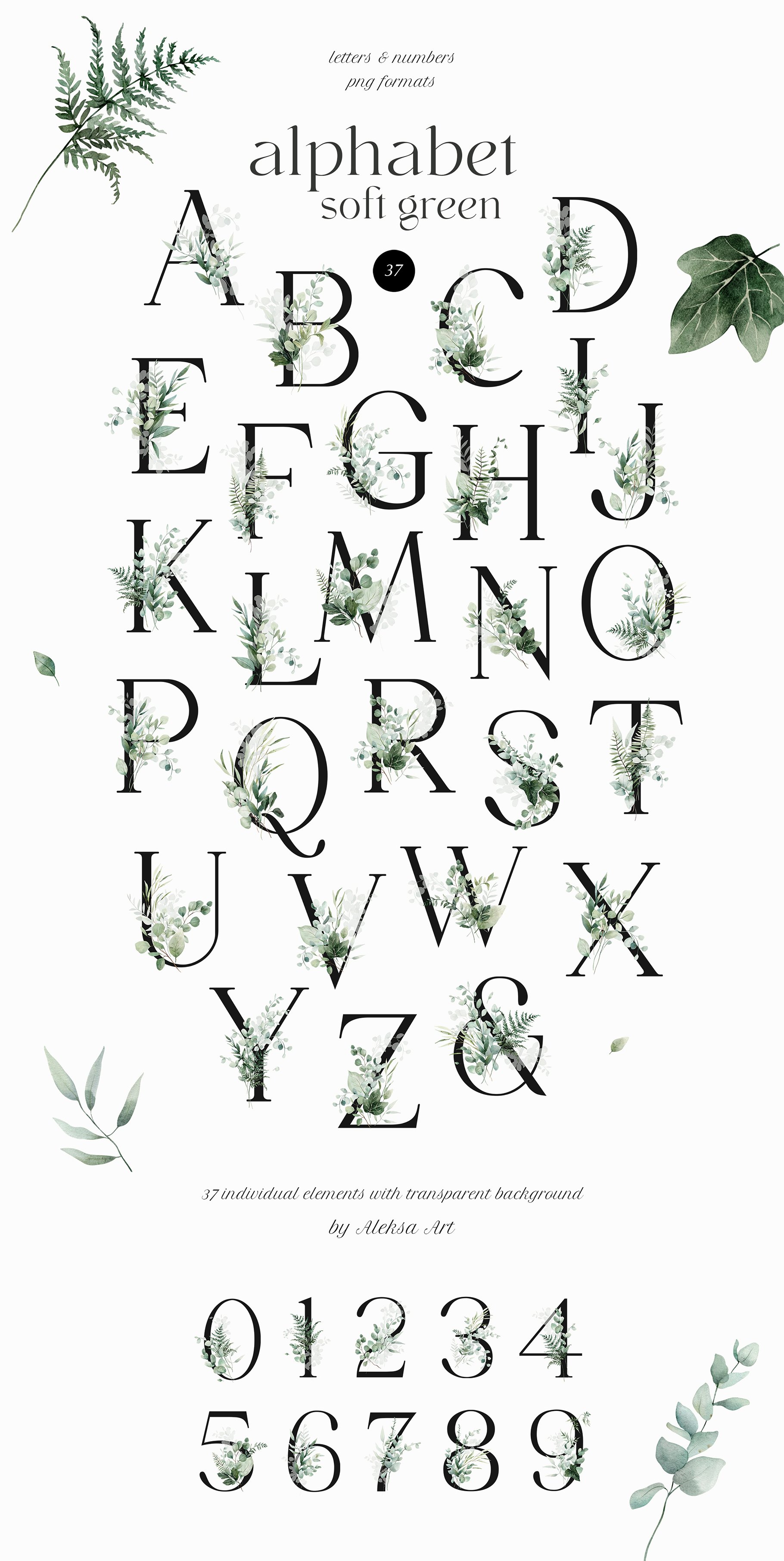 Set of letters and numbers with leaves on them.