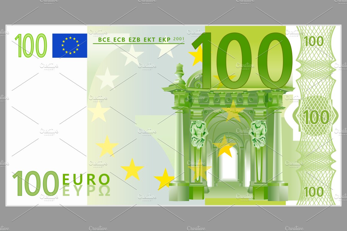 A 100 euro bill with a clock on it.