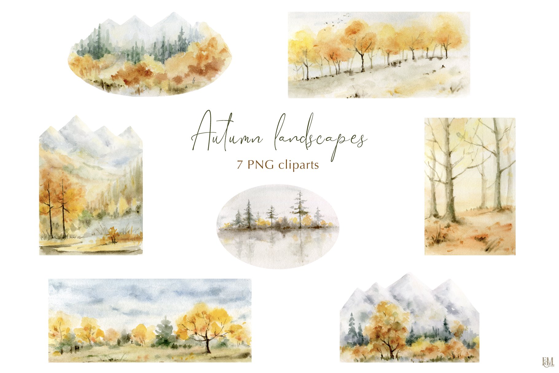 Watercolor fall landscapes & trees. preview image.