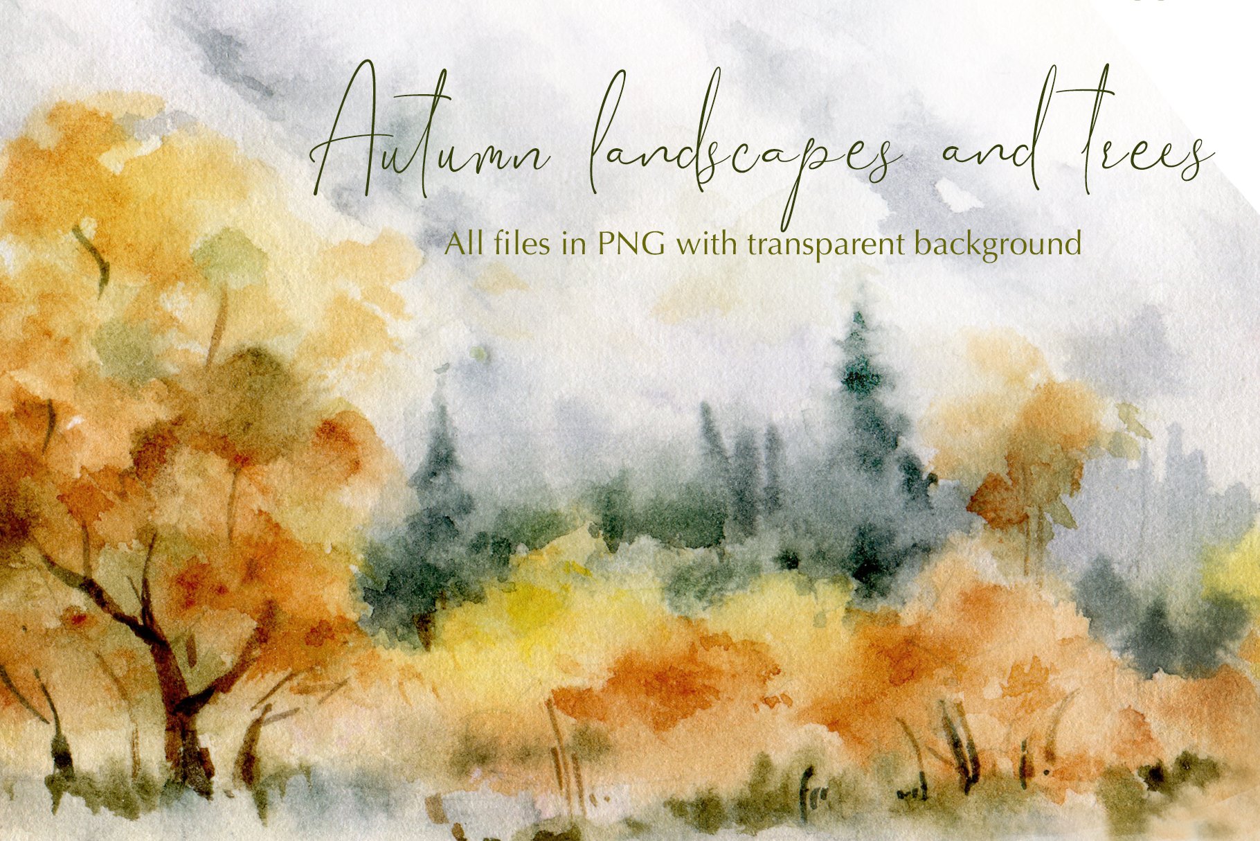 Watercolor painting of trees with the words autumn landscape and trees by Zhou Wenjing.