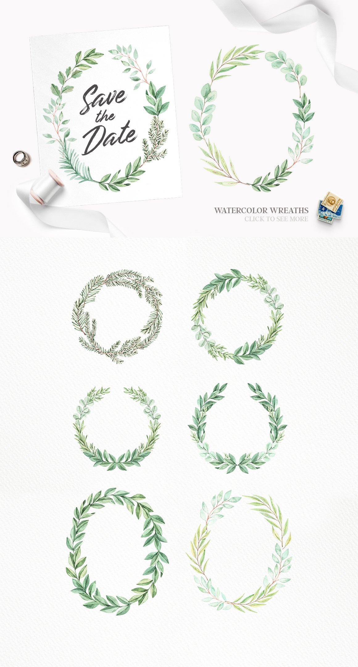 Set of watercolor wreaths and ribbons.