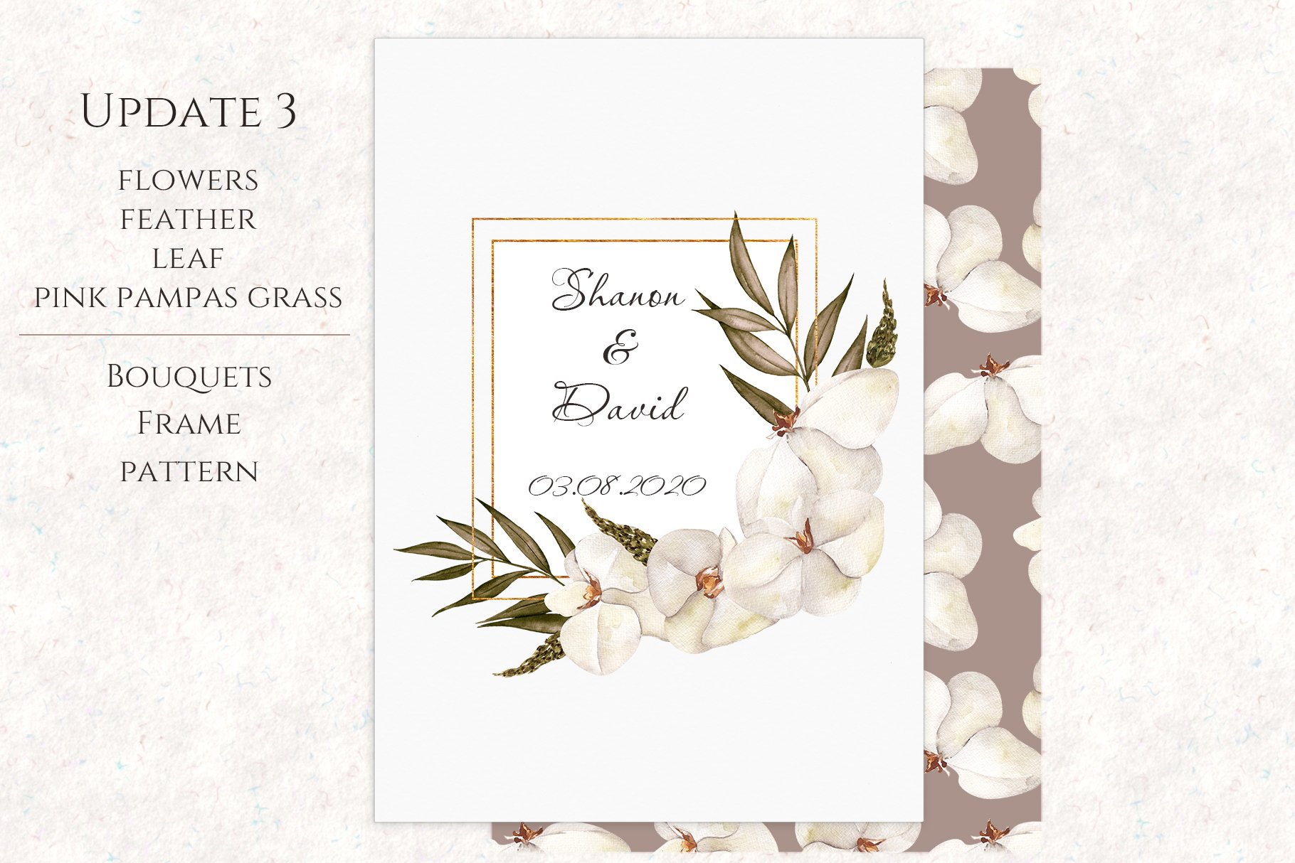 Wedding card with flowers and leaves on it.