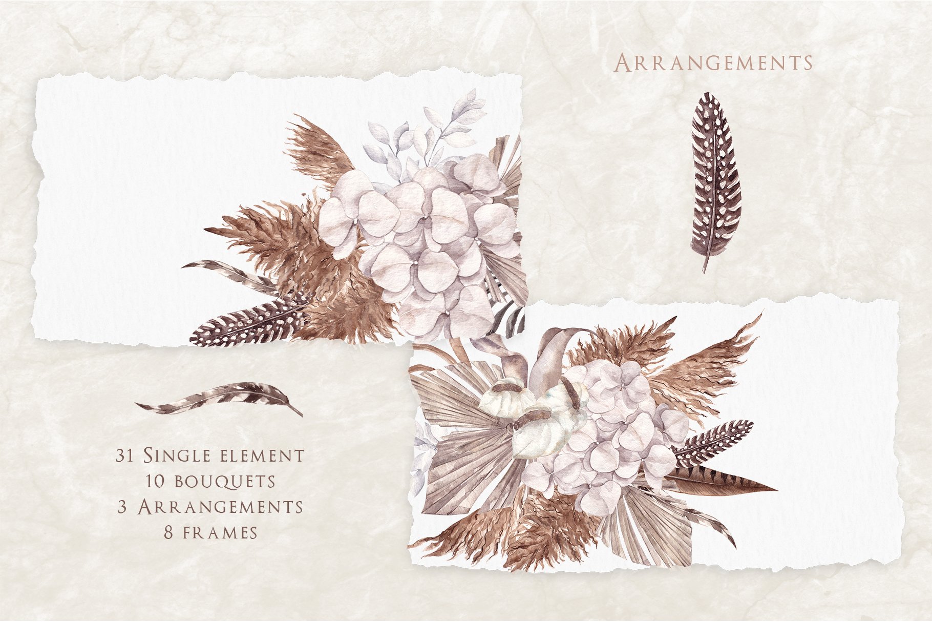 Two cards with flowers and feathers on them.