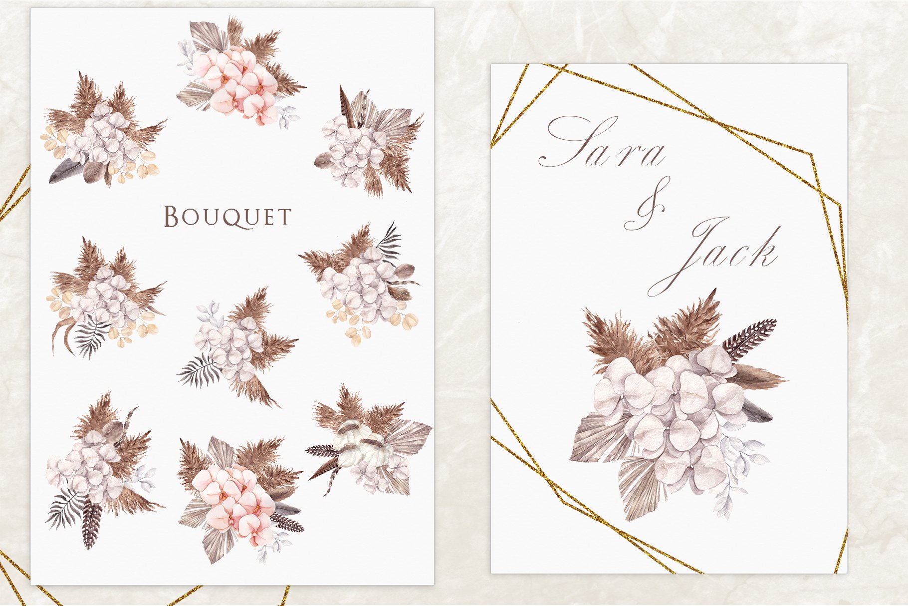 Two cards with flowers and leaves on them.