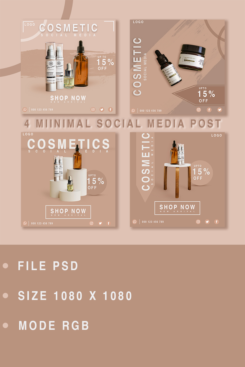 Fashion and beauty Instagram cosmetic social media post template pinterest preview image.