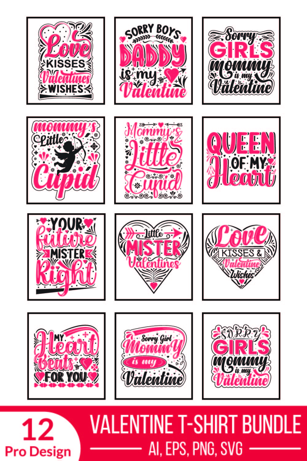 Valentines Day Typography T-Shirt Design Bundle pinterest preview image.