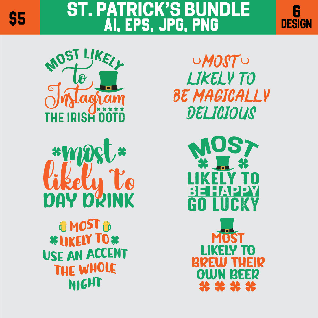 6 ST PATRICK\\\'S DAY T-SHIRT DESIGN BUNDLE preview image.