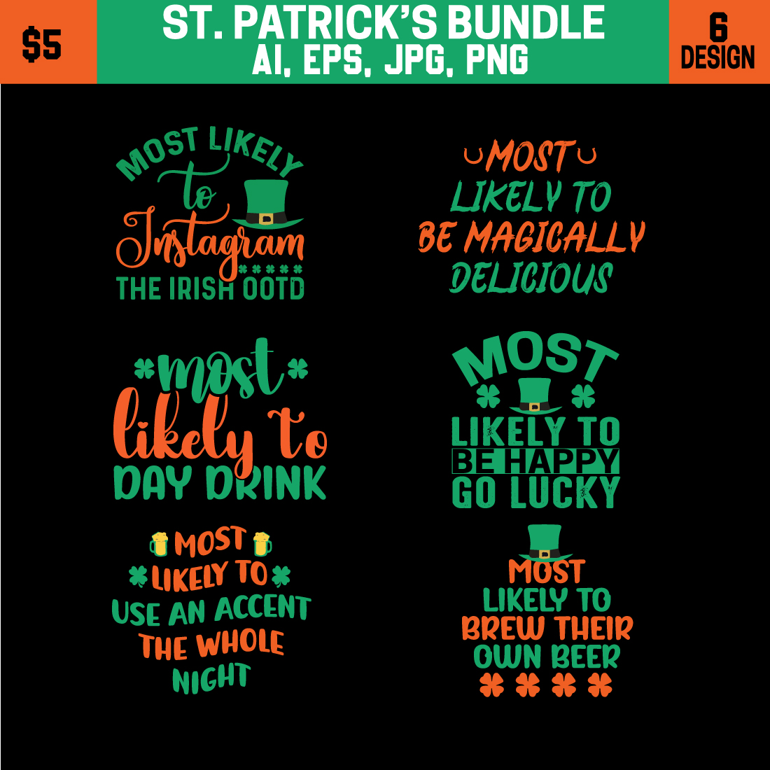 6 ST PATRICK\\\'S DAY T-SHIRT DESIGN BUNDLE cover image.