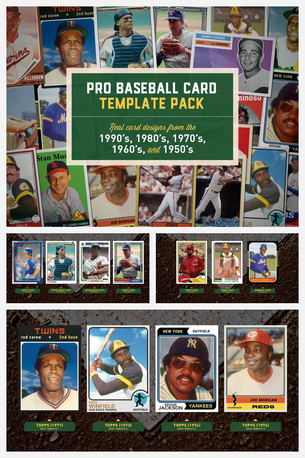 Collage of cards with photos of baseball players from the 50s-90s of the last century.