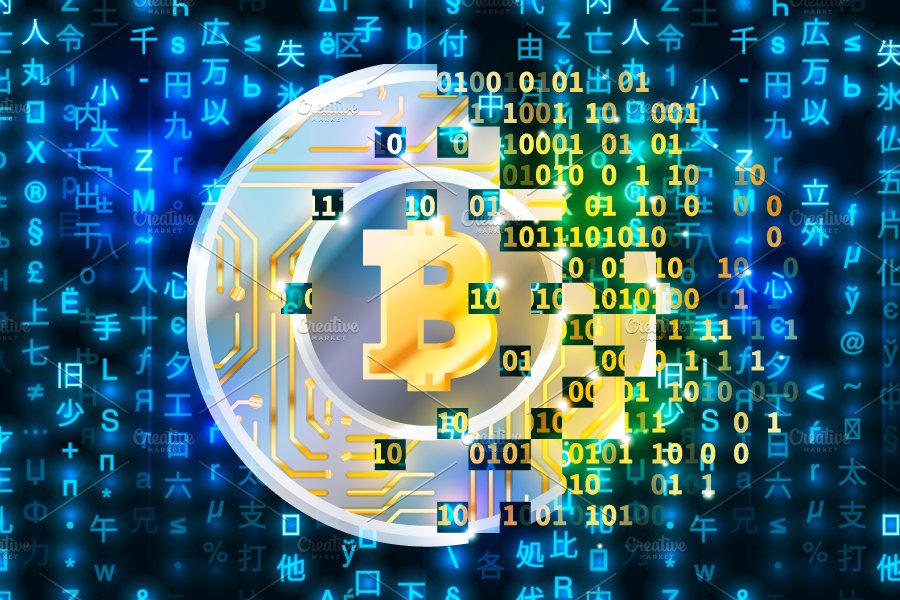 A bitcoin on a computer chip surrounded by numbers.