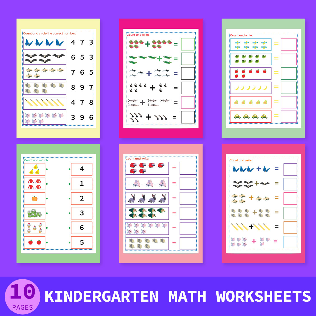 Kindergarten math Worksheets counting, matching and addition cover image.