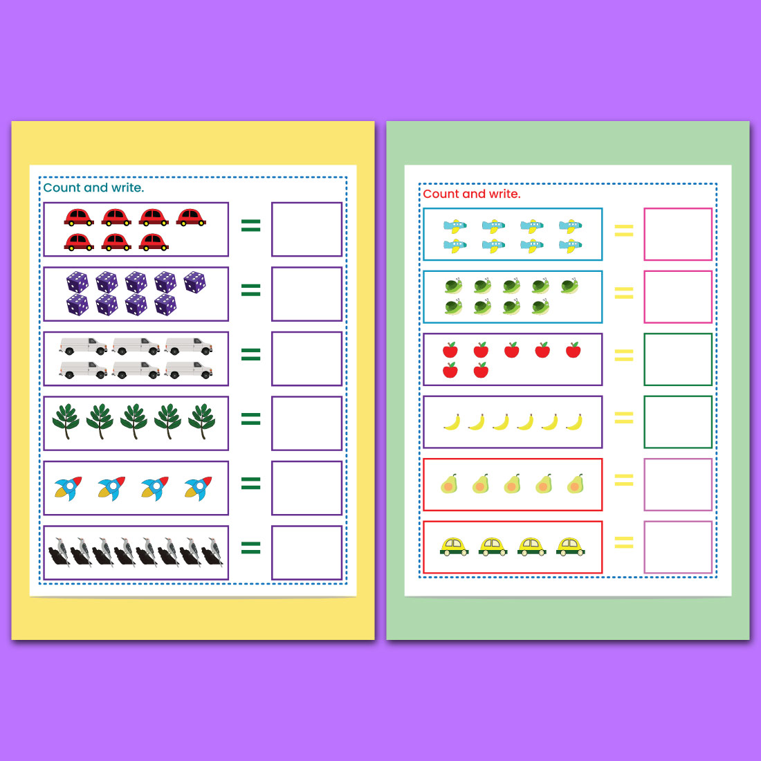 Kindergarten math Worksheets counting, matching and addition preview image.
