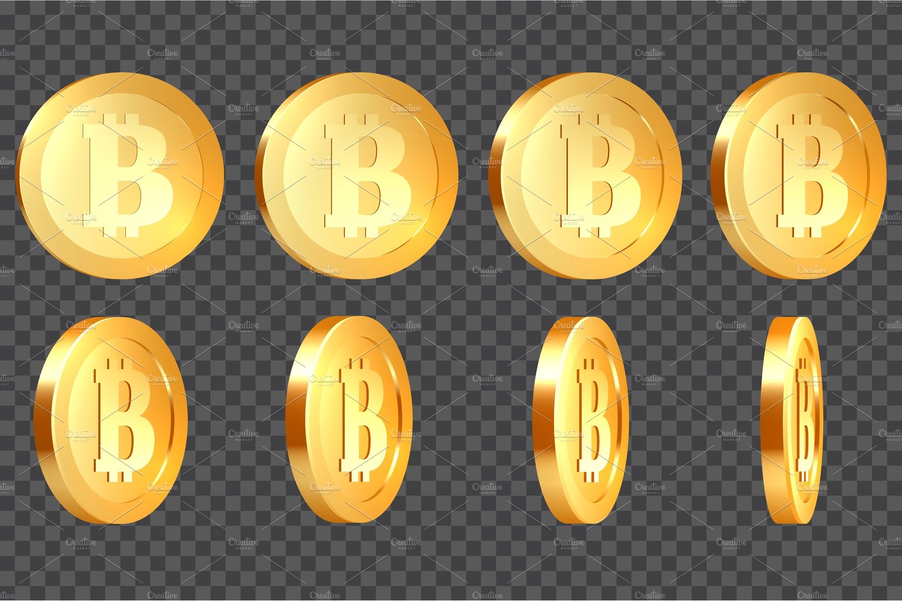 A set of golden bitcoins on a transparent background.