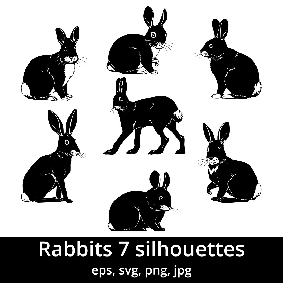 Set of rabbit silhouettes in different poses.