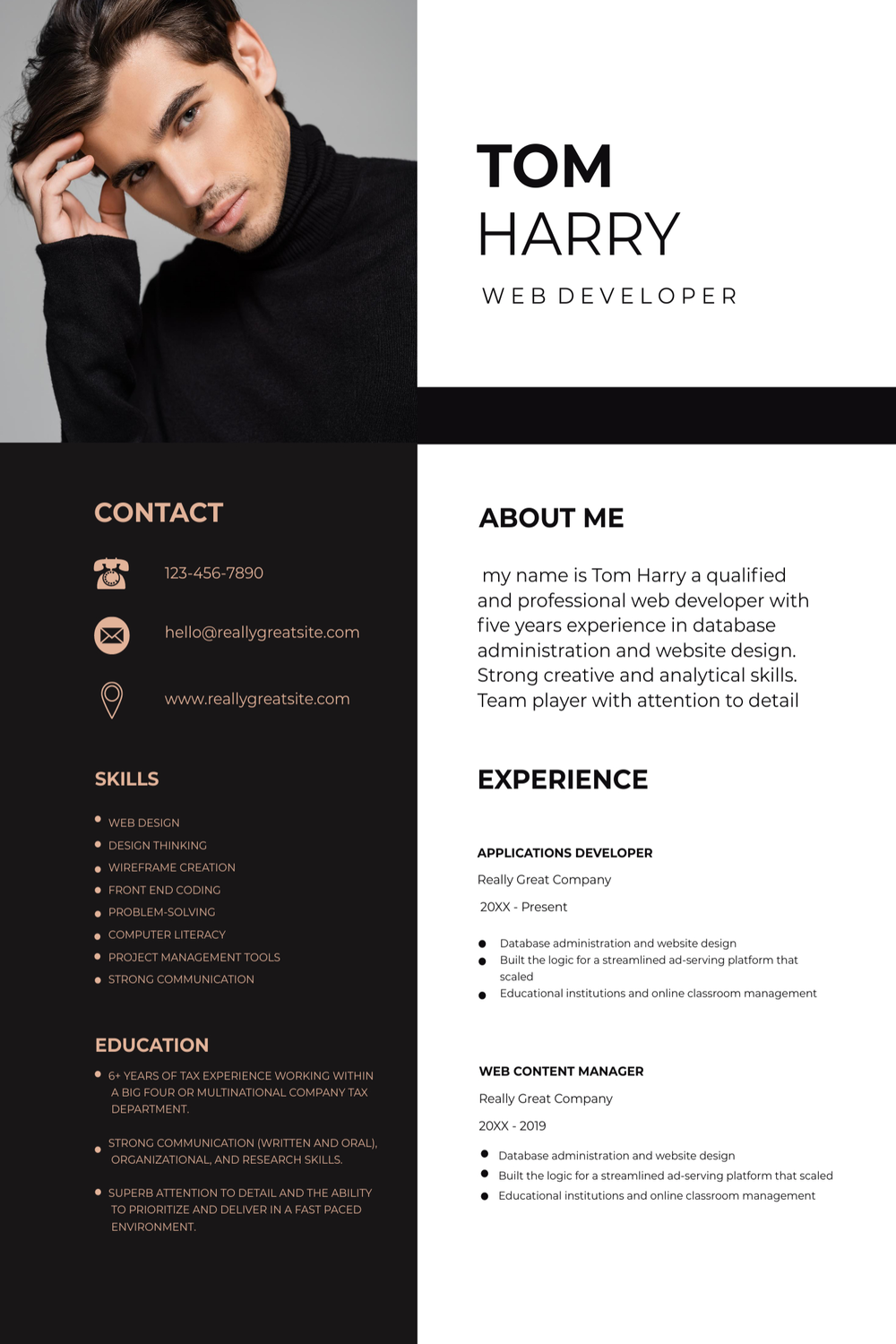 Black and white resume with a black background.