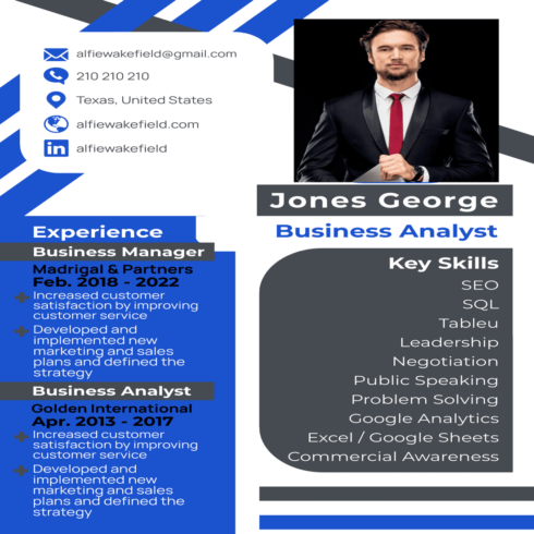 Blue and white resume with a picture of a man in a suit.