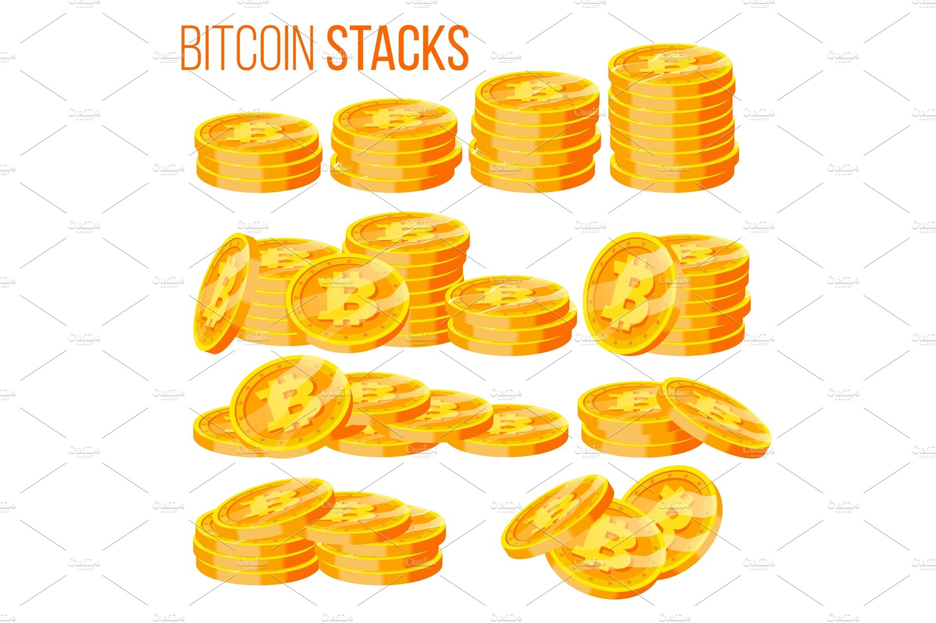 A bunch of bitcoin stacks stacked on top of each other.