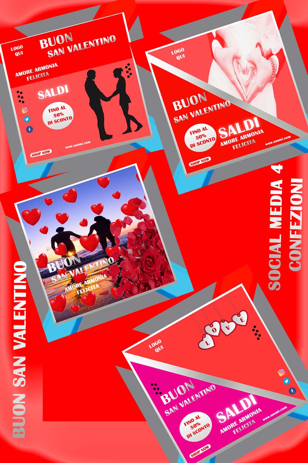 Beautiful Fashion sale & valentine\'s day social media post templates ENGLISH & ITALY pack 8 pinterest preview image.