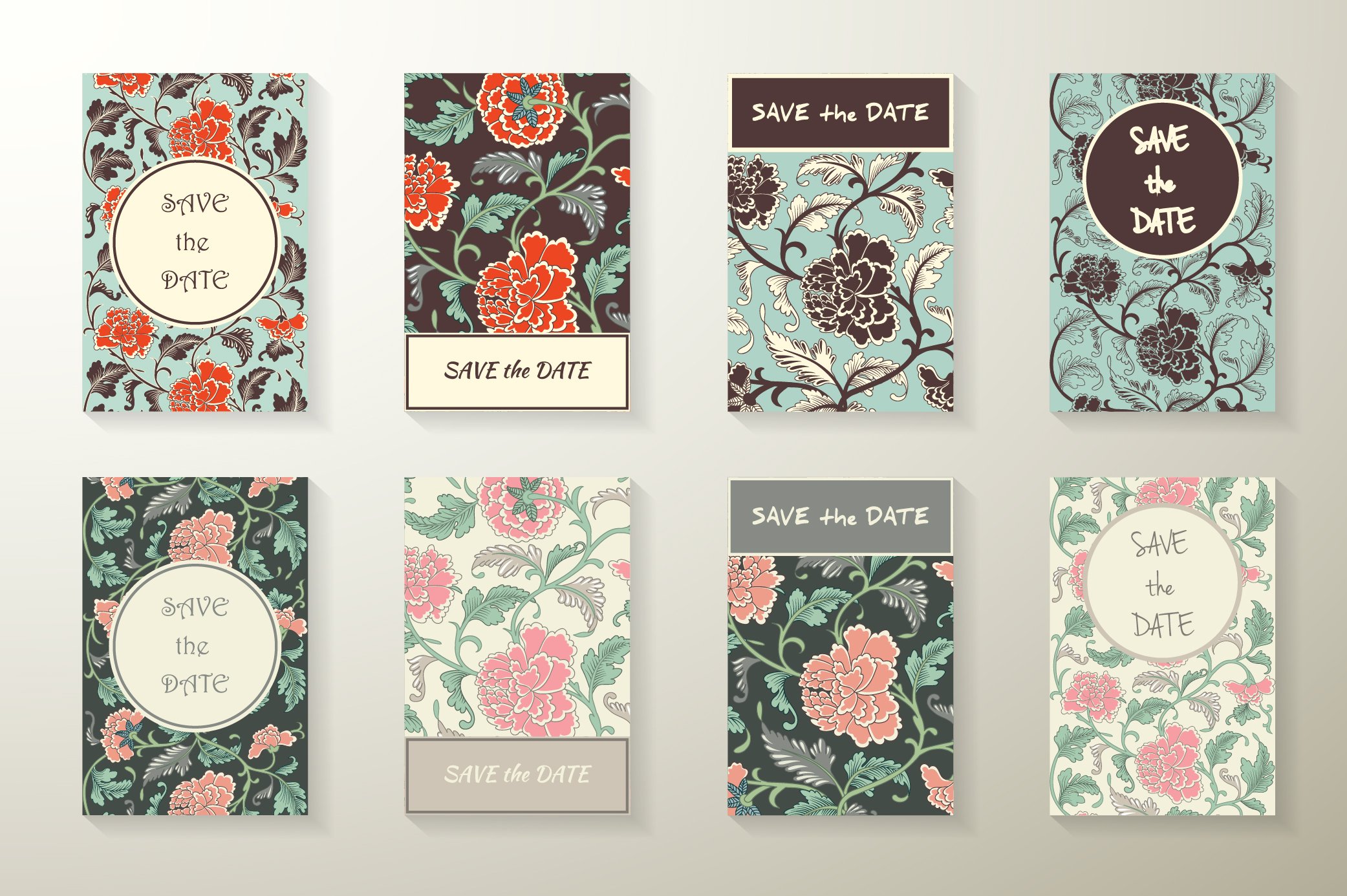 A set of six cards with floral designs.