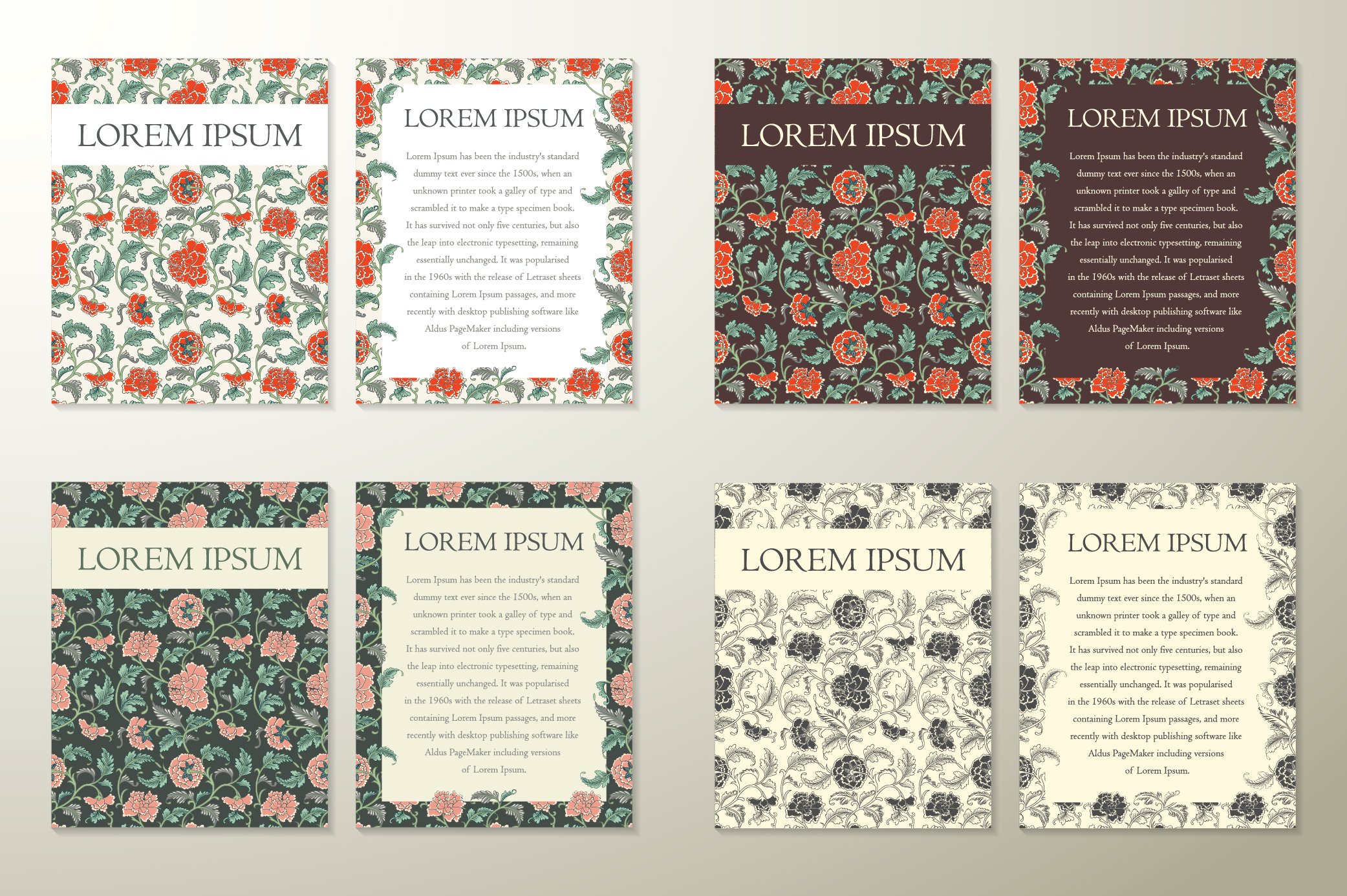 A set of brochures with flowers and leaves.