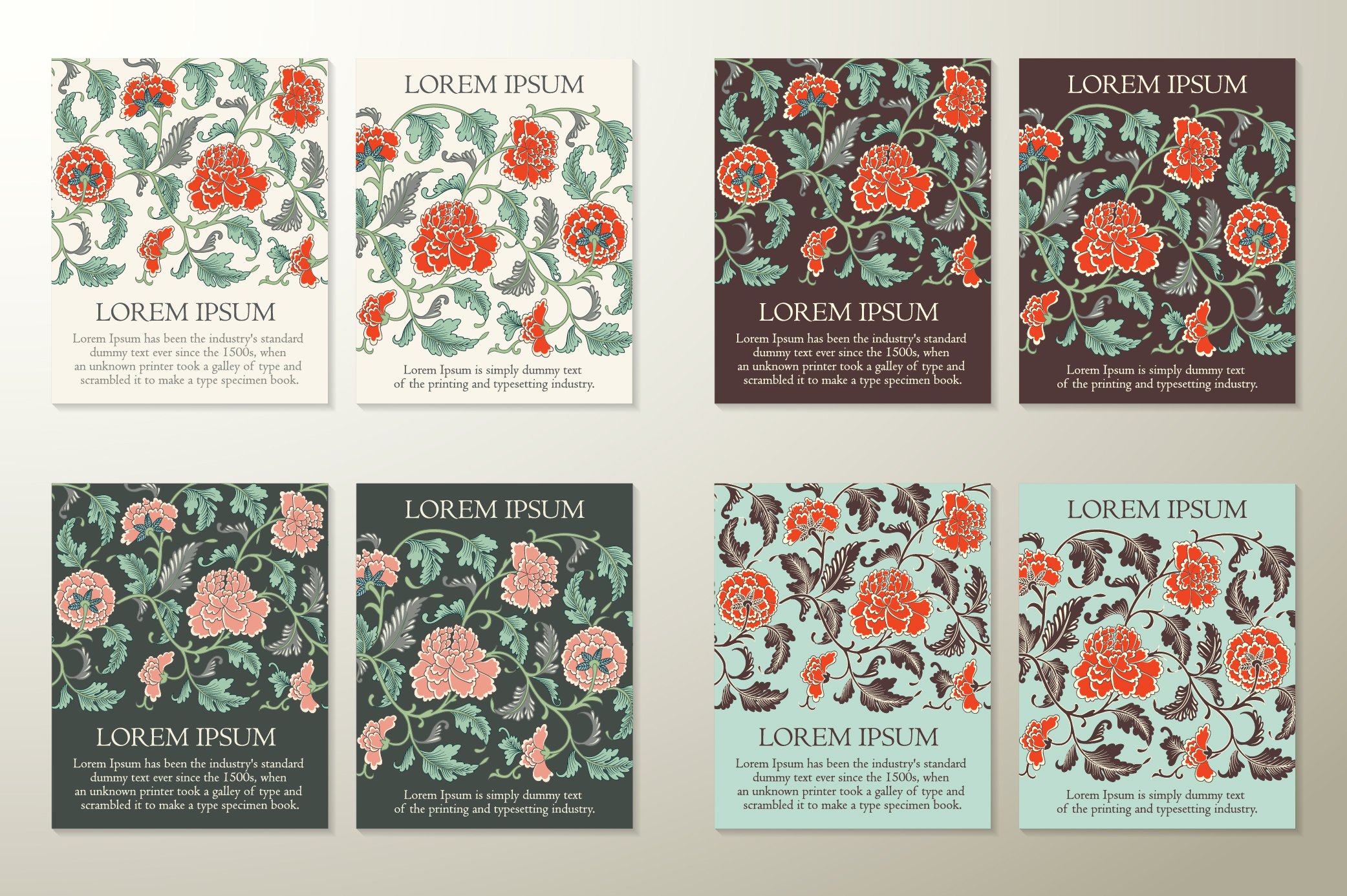 A set of brochures with flowers and leaves.