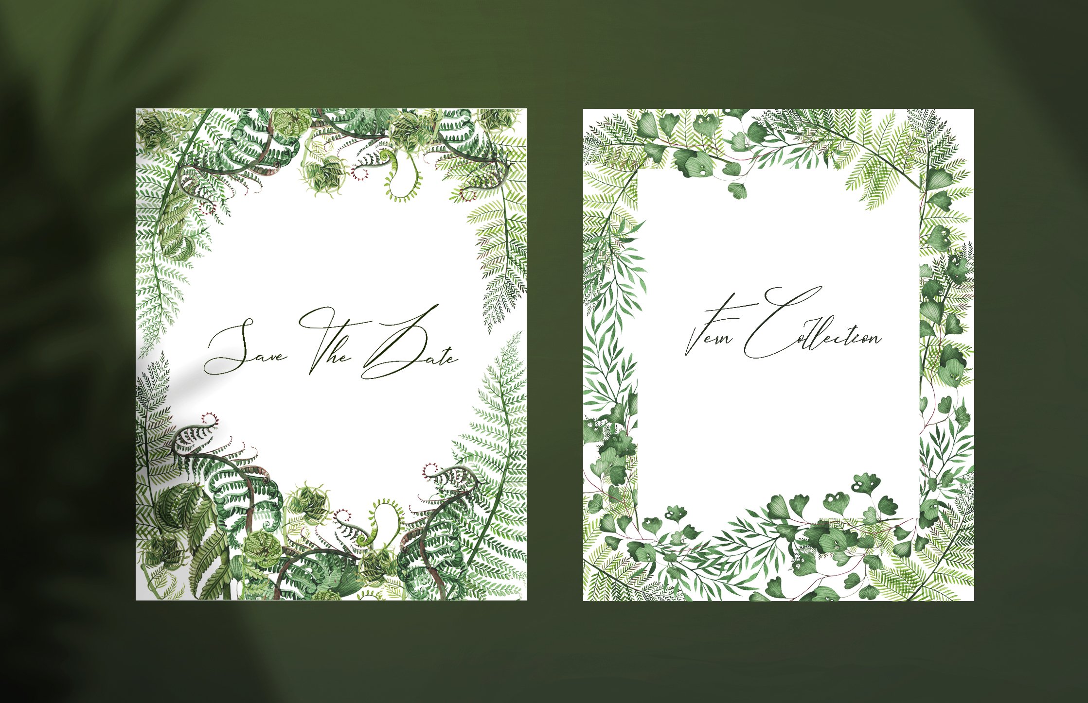 Two wedding cards with green leaves on them.