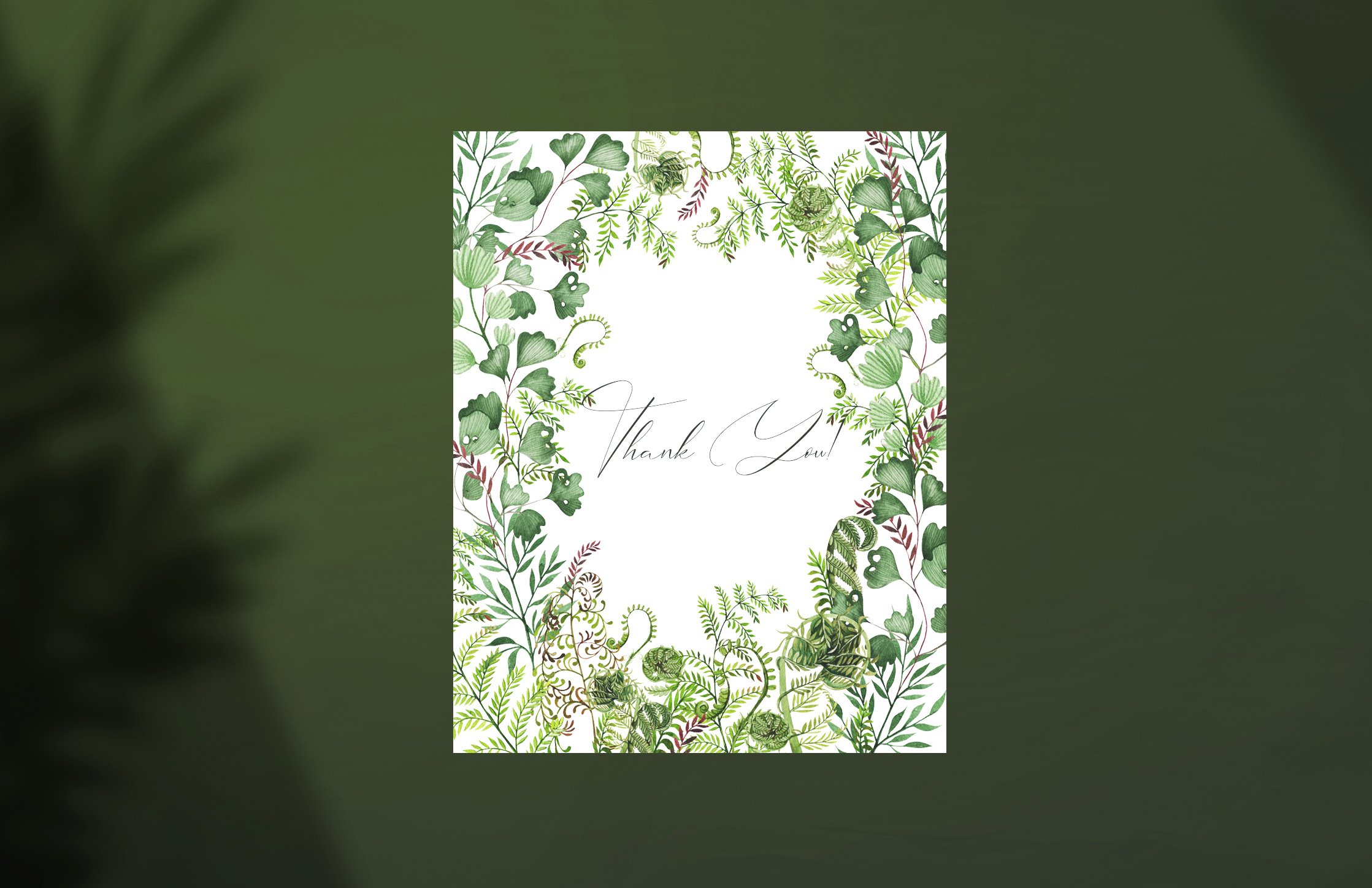 Thank card with watercolor leaves and greenery.
