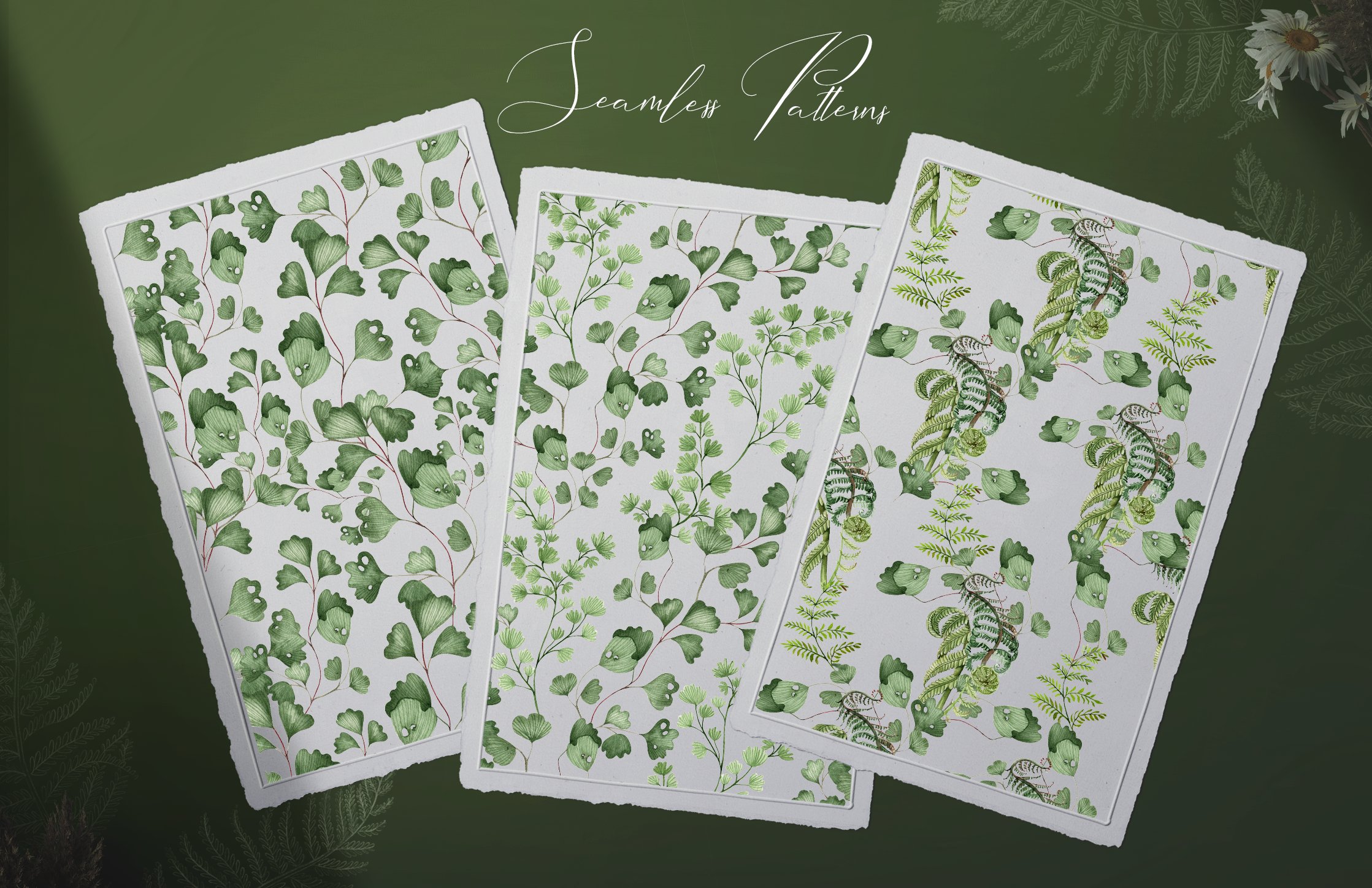 Three sheets of paper with green leaves on them.