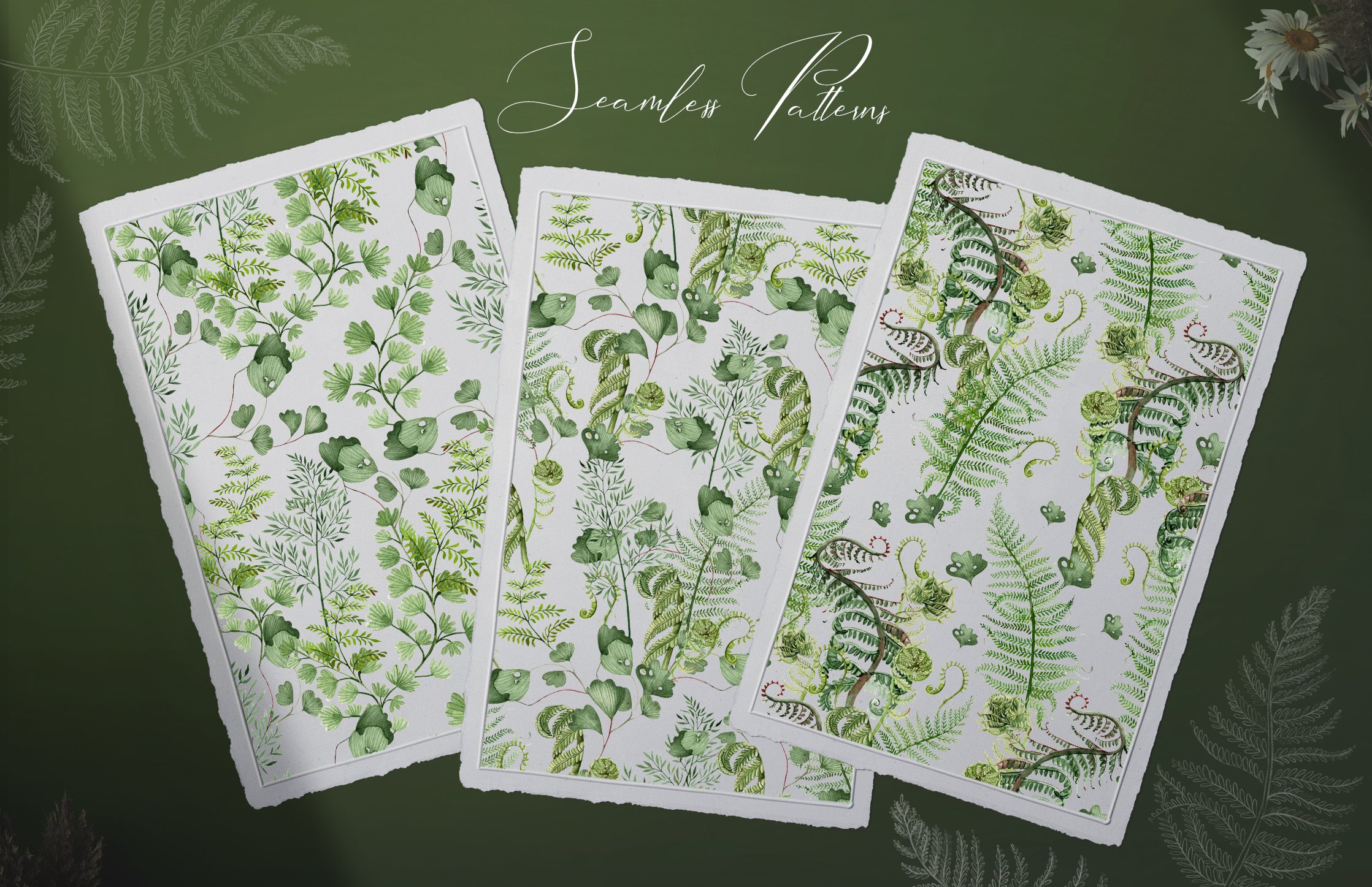 Four watercolor paintings of green plants and leaves.
