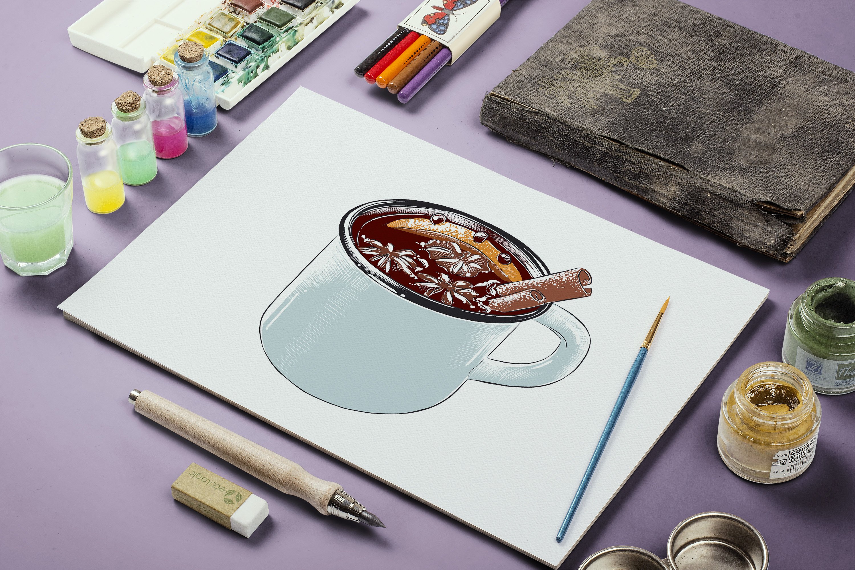 Drawing of a cup of soup on a table.